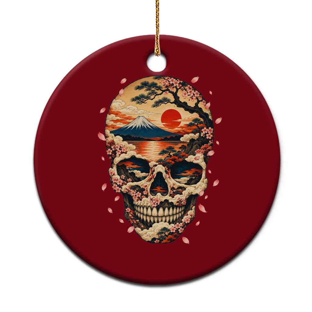 Mount Fuji Skull Japanese Ukiyoe Ceramic Ornament Red Sunset Sakura Kanji Dark Art