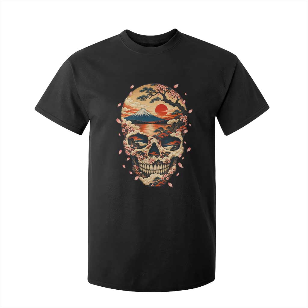 Mount Fuji Skull Japanese Ukiyoe T Shirt For Kid Red Sunset Sakura Kanji Dark Art