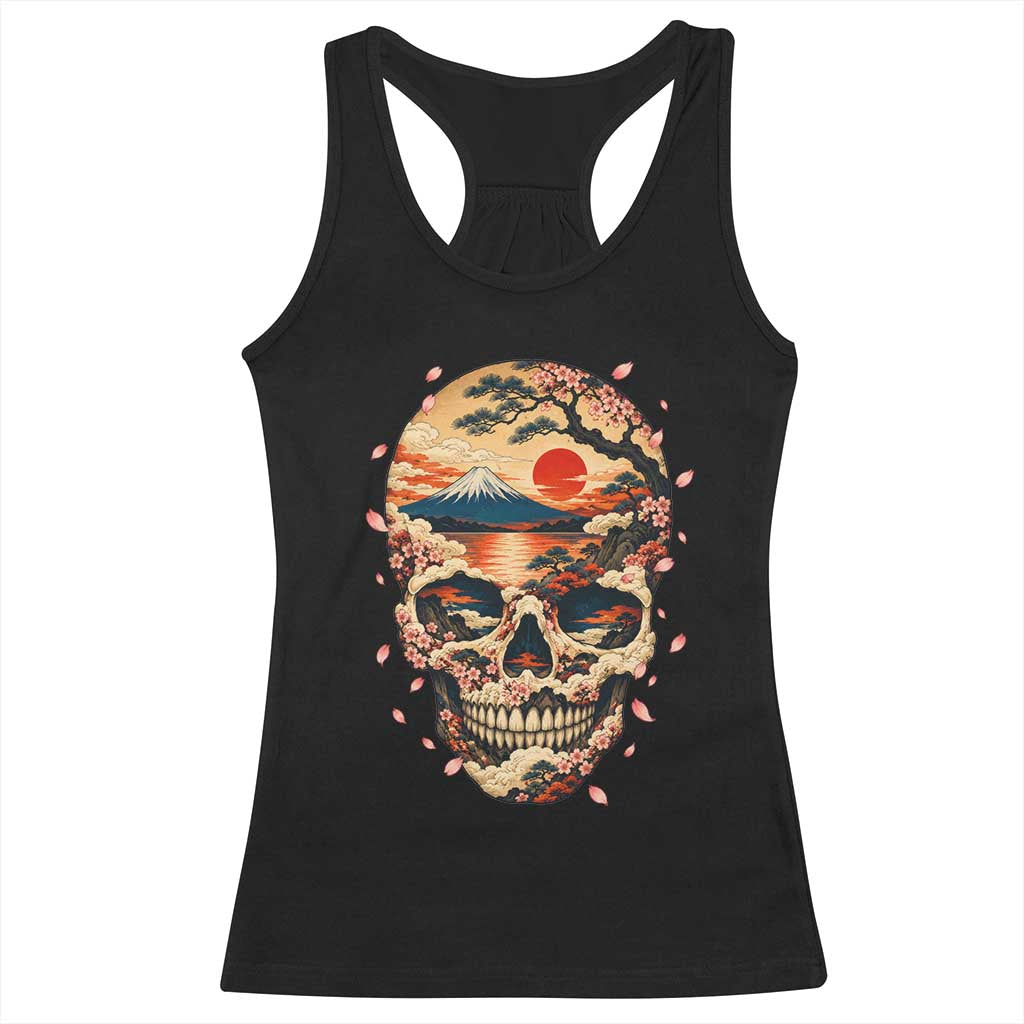 Mount Fuji Skull Japanese Ukiyoe Racerback Tank Top Red Sunset Sakura Kanji Dark Art