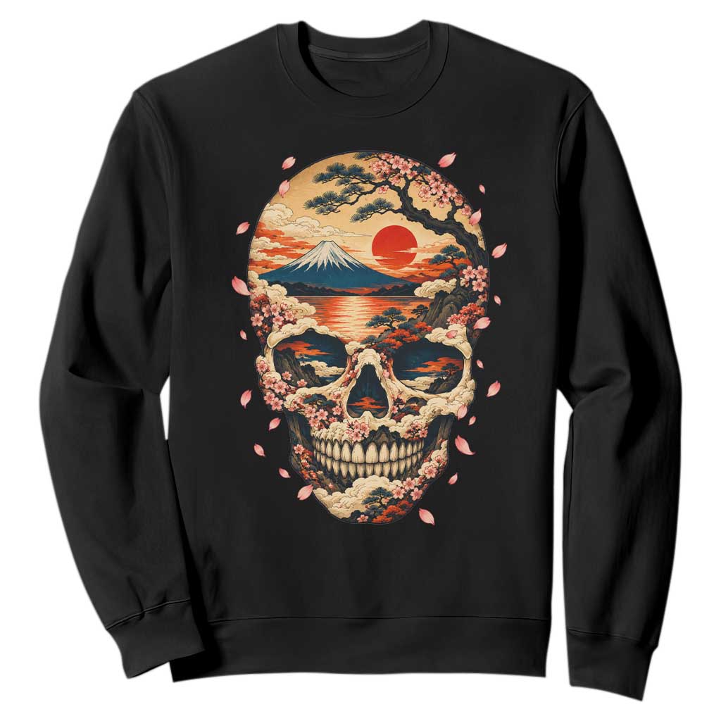 Mount Fuji Skull Japanese Ukiyoe Sweatshirt Red Sunset Sakura Kanji Dark Art