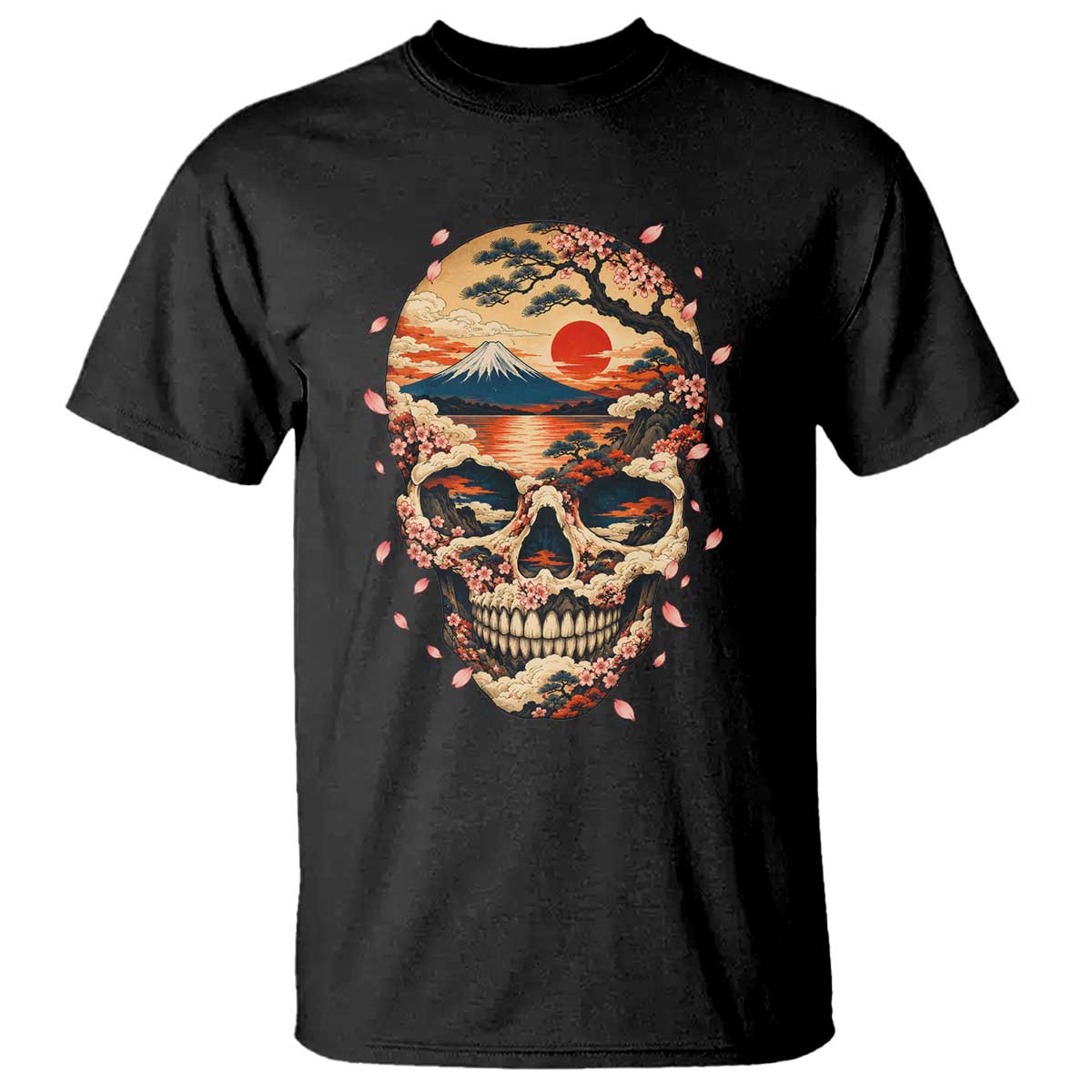 Mount Fuji Skull Japanese Ukiyoe T Shirt Red Sunset Sakura Kanji Dark Art