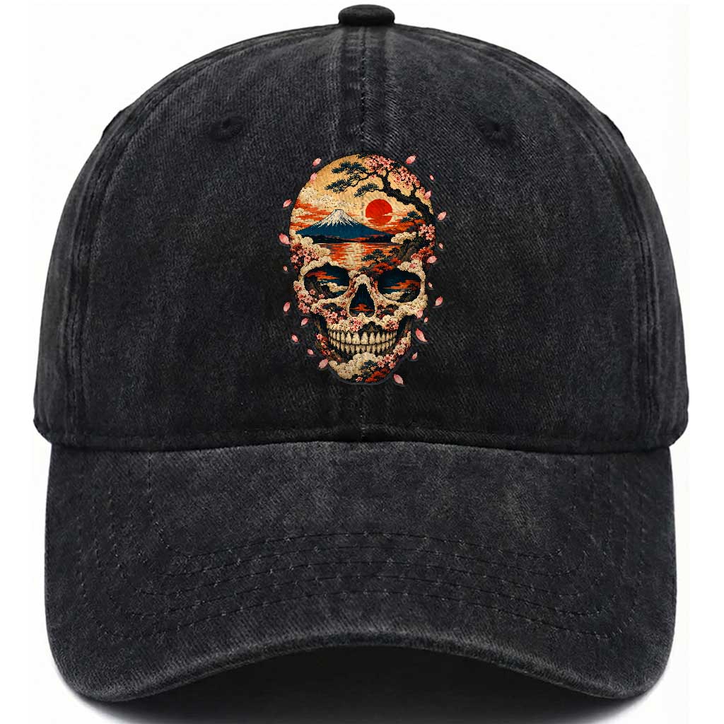 Mount Fuji Skull Japanese Ukiyoe Washed Cotton Baseball Cap Red Sunset Sakura Kanji Dark Art