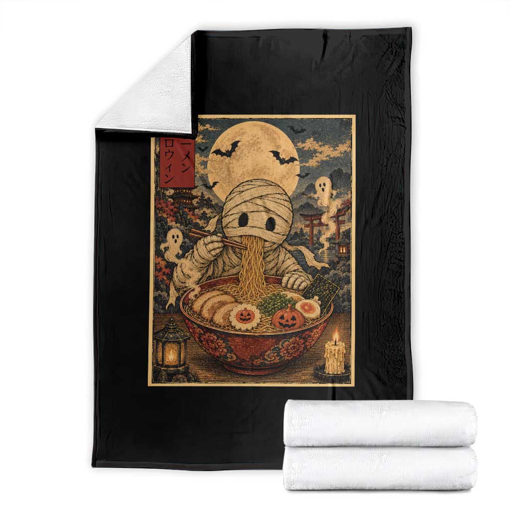 Kawaii Mummy Eating Ramen Noodles Throw Blanket Japanese Halloween Style
