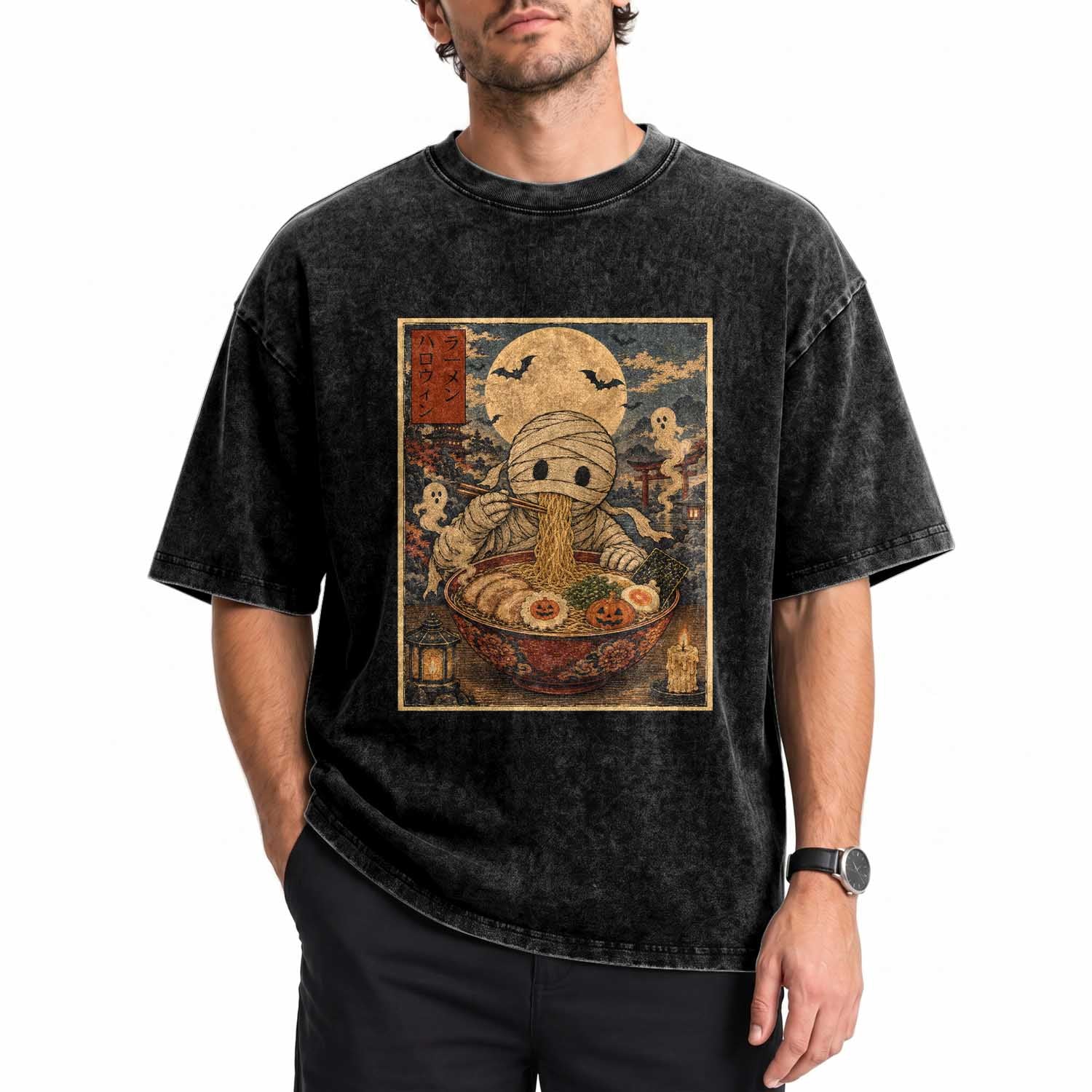 Kawaii Mummy Eating Ramen Noodles Washed Cotton T-Shirt Japanese Halloween Style