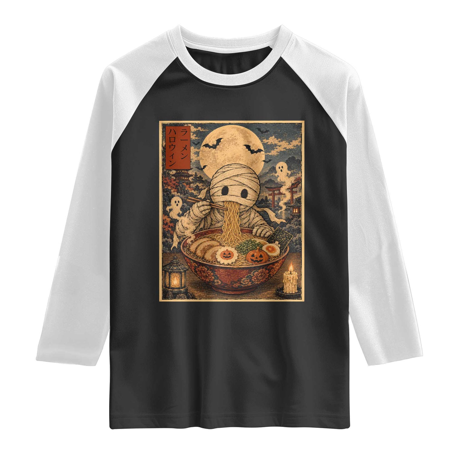 Kawaii Mummy Eating Ramen Noodles Raglan Shirt Japanese Halloween Style