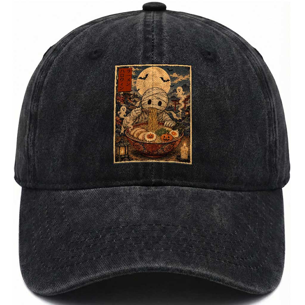 Kawaii Mummy Eating Ramen Noodles Washed Cotton Baseball Cap Japanese Halloween Style