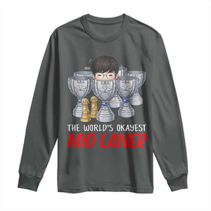 Worlds Okayest Mid Laner Long Sleeve Shirt Funny Game Lover Gift TS12 Dark Heather Print Your Wear