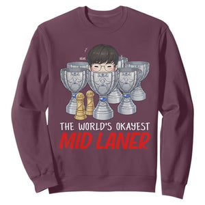 Worlds Okayest Mid Laner Sweatshirt Funny Game Lover Gift TS12 Maroon Print Your Wear