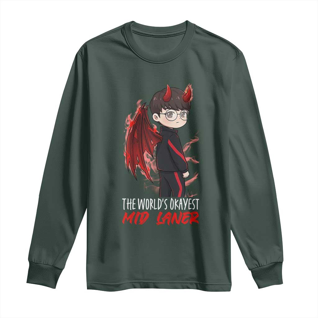 Worlds Okayest Mid Laner Long Sleeve Shirt Funny Gift For Gamer TS12 Dark Forest Green Print Your Wear