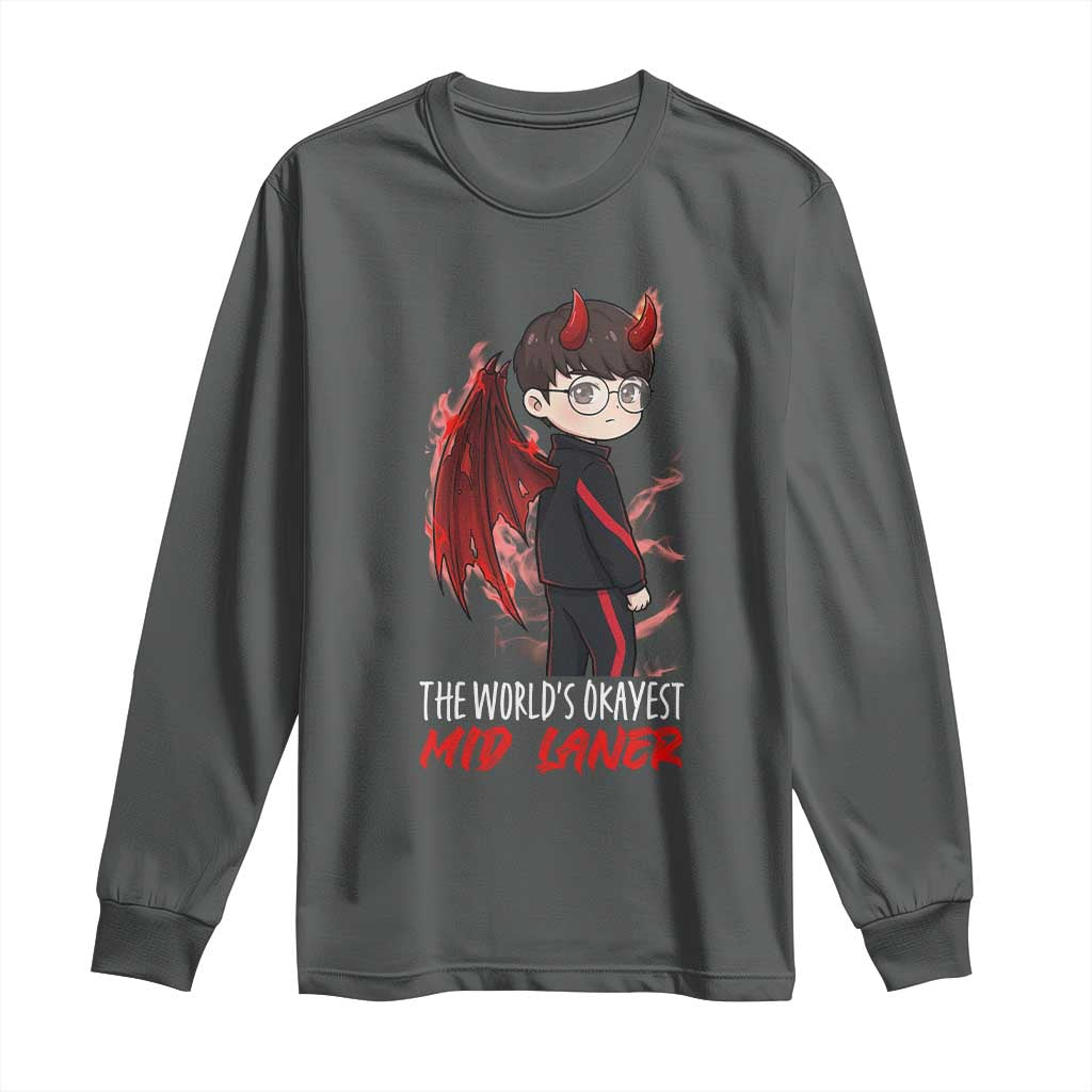 Worlds Okayest Mid Laner Long Sleeve Shirt Funny Gift For Gamer TS12 Dark Heather Print Your Wear