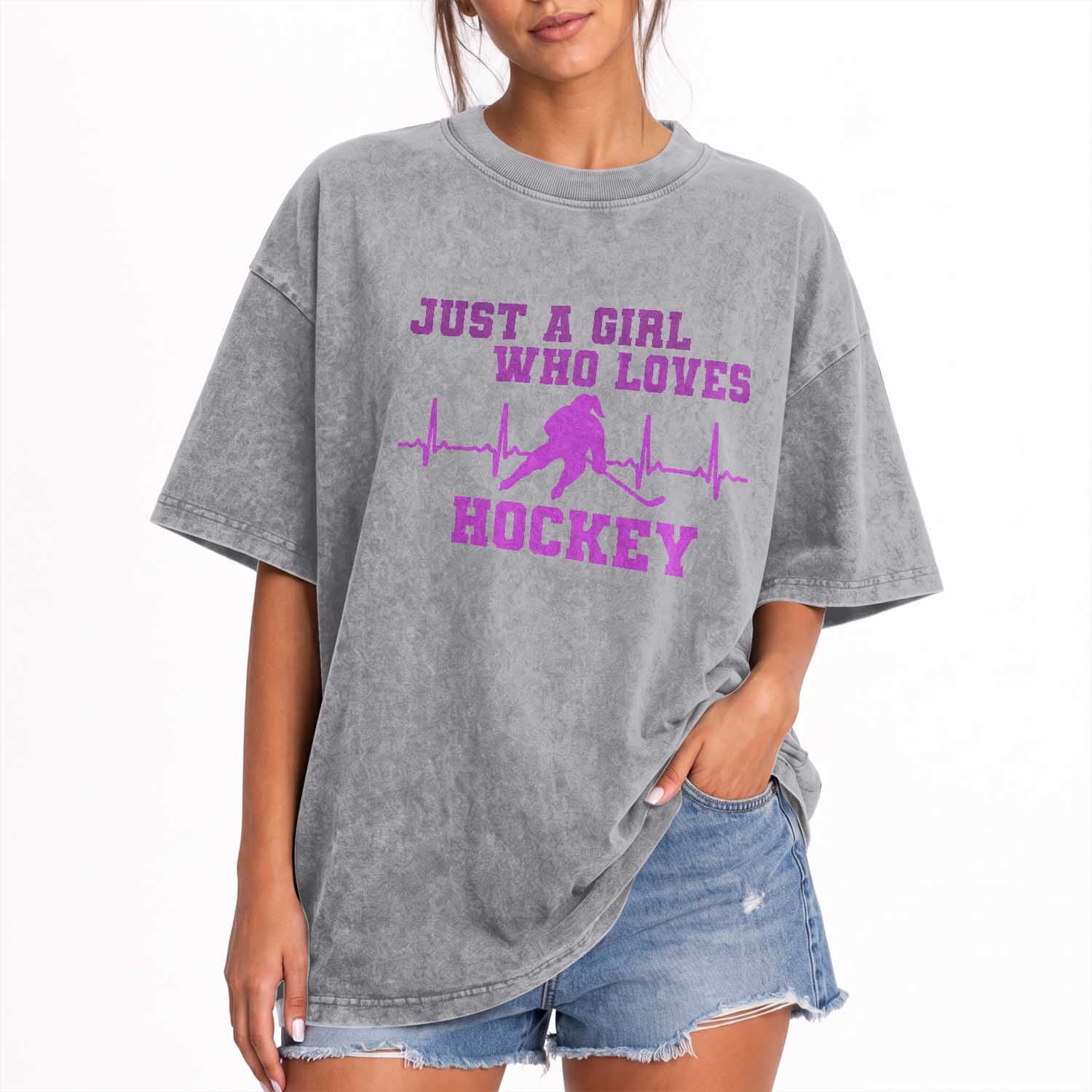Funny Just A Girl Who Loves Hockey Washed Cotton T-Shirt Gift For Women