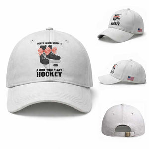 Never Underestimate A Girl Hockey Player Gift Idea Baseball Cap TS12 Baseball Cap Universal Fit White Print Your Wear