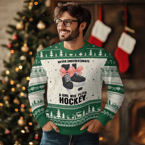 Never Underestimate A Girl Hockey Player Gift Idea Ugly Christmas Sweater TS12 Beige Green Print Your Wear