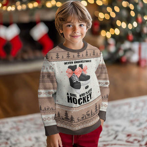 Never Underestimate A Girl Hockey Player Gift Idea Ugly Christmas Sweater TS12 Mocha Mousse Print Your Wear