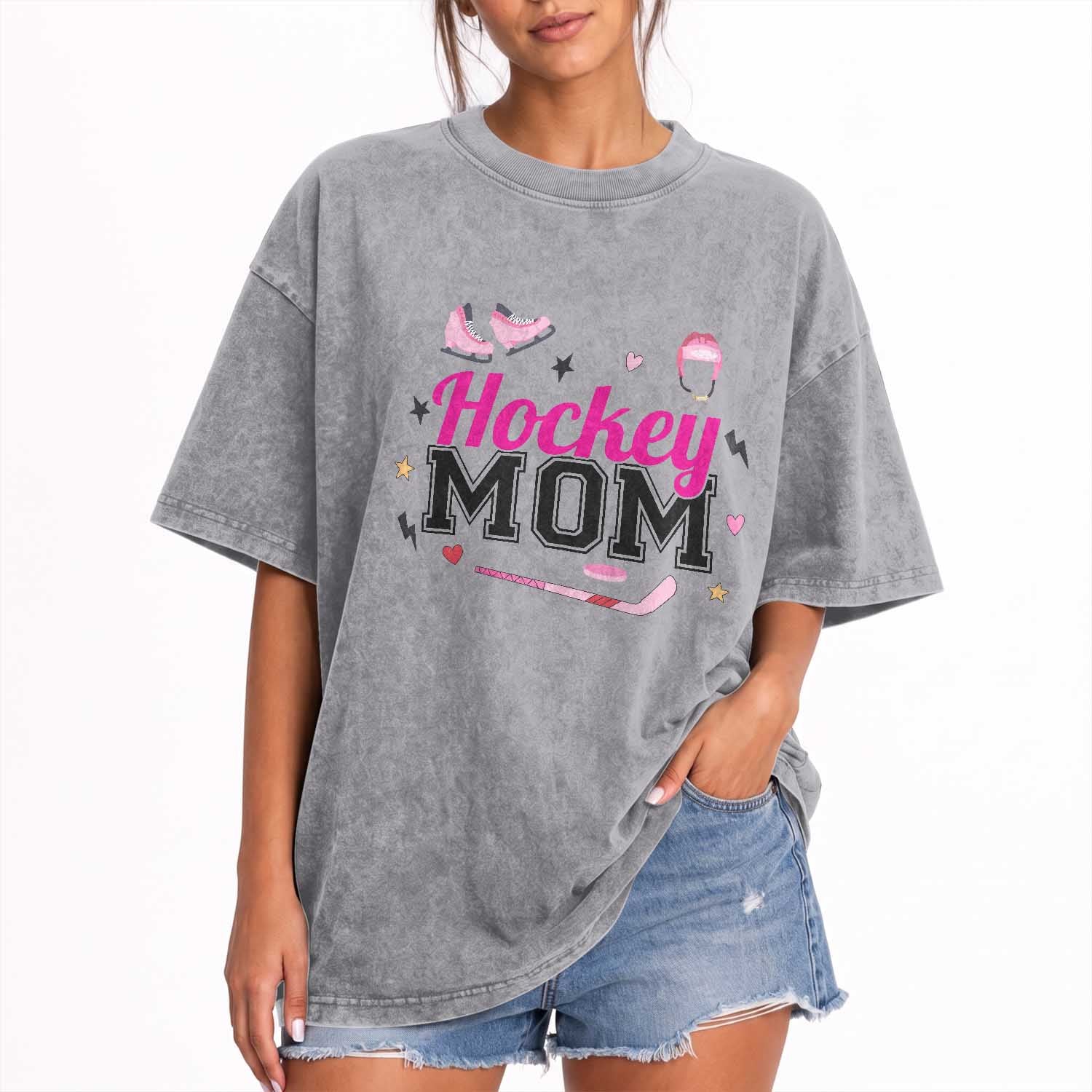 Proud Hockey Mom Washed Cotton T-Shirt Ice Hockey Supporter Gift