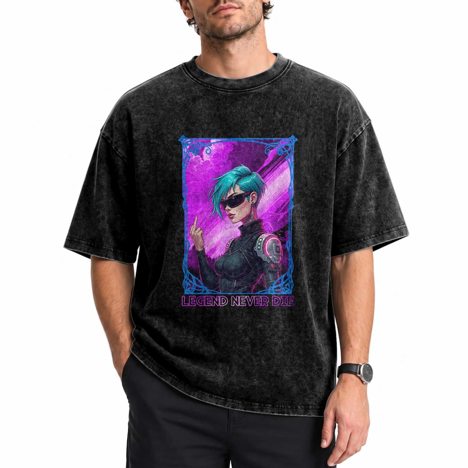 Cyberpunk Girl Legend Never Die Washed Cotton T-Shirt Gaming Aesthetic Gift