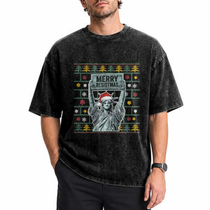 Funny Liberty Statue Ugly Sweater Gift Washed Cotton T-Shirt Merry Resistmas