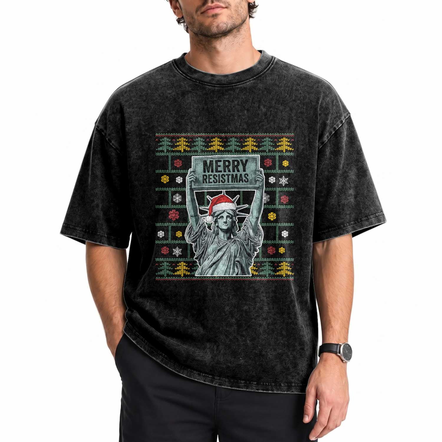 Funny Liberty Statue Ugly Sweater Gift Washed Cotton T-Shirt Merry Resistmas