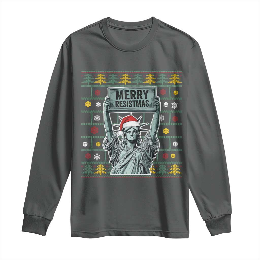 Funny Liberty Statue Ugly Sweater Gift Long Sleeve Shirt Merry Resistmas TS12 Dark Heather Print Your Wear