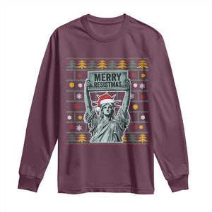 Funny Liberty Statue Ugly Sweater Gift Long Sleeve Shirt Merry Resistmas TS12 Maroon Print Your Wear