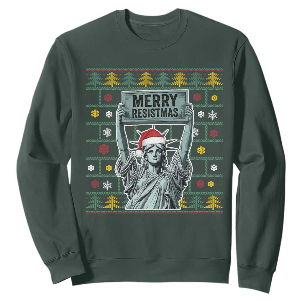 Funny Liberty Statue Ugly Sweater Gift Sweatshirt Merry Resistmas TS12 Dark Forest Green Print Your Wear