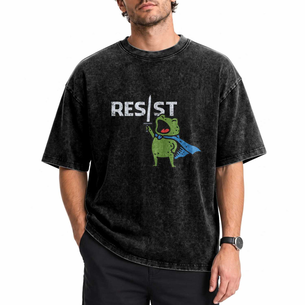 Resist Frog Warrior Washed Cotton T-Shirt Funny Rebel Meme Gift