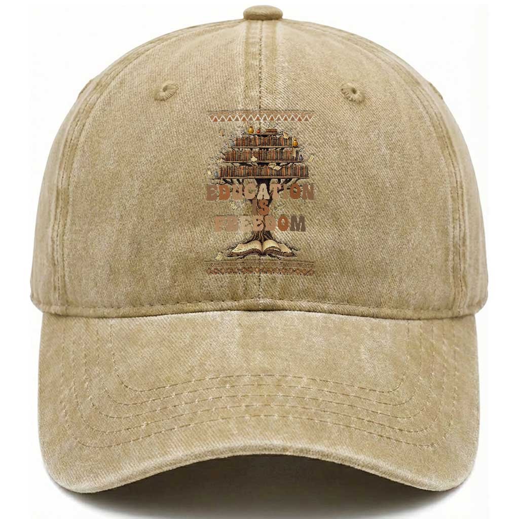 Education Is Freedom Teacher Gift Washed Cotton Baseball Cap Inspirational Africa Map Book Stack TS12 Print Your Wear