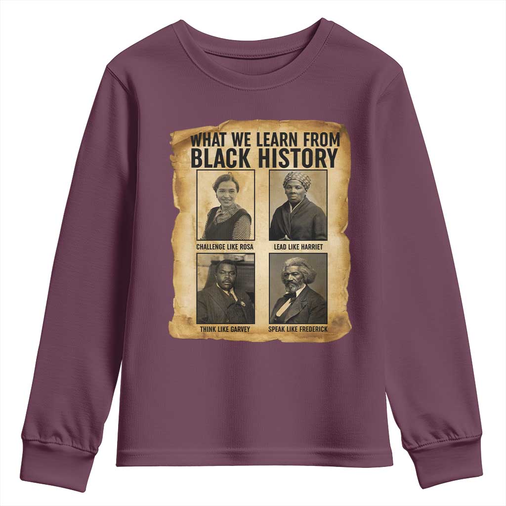 What We Learn From Black History Youth Sweatshirt Vintage African American Leaders TS12 Maroon Print Your Wear