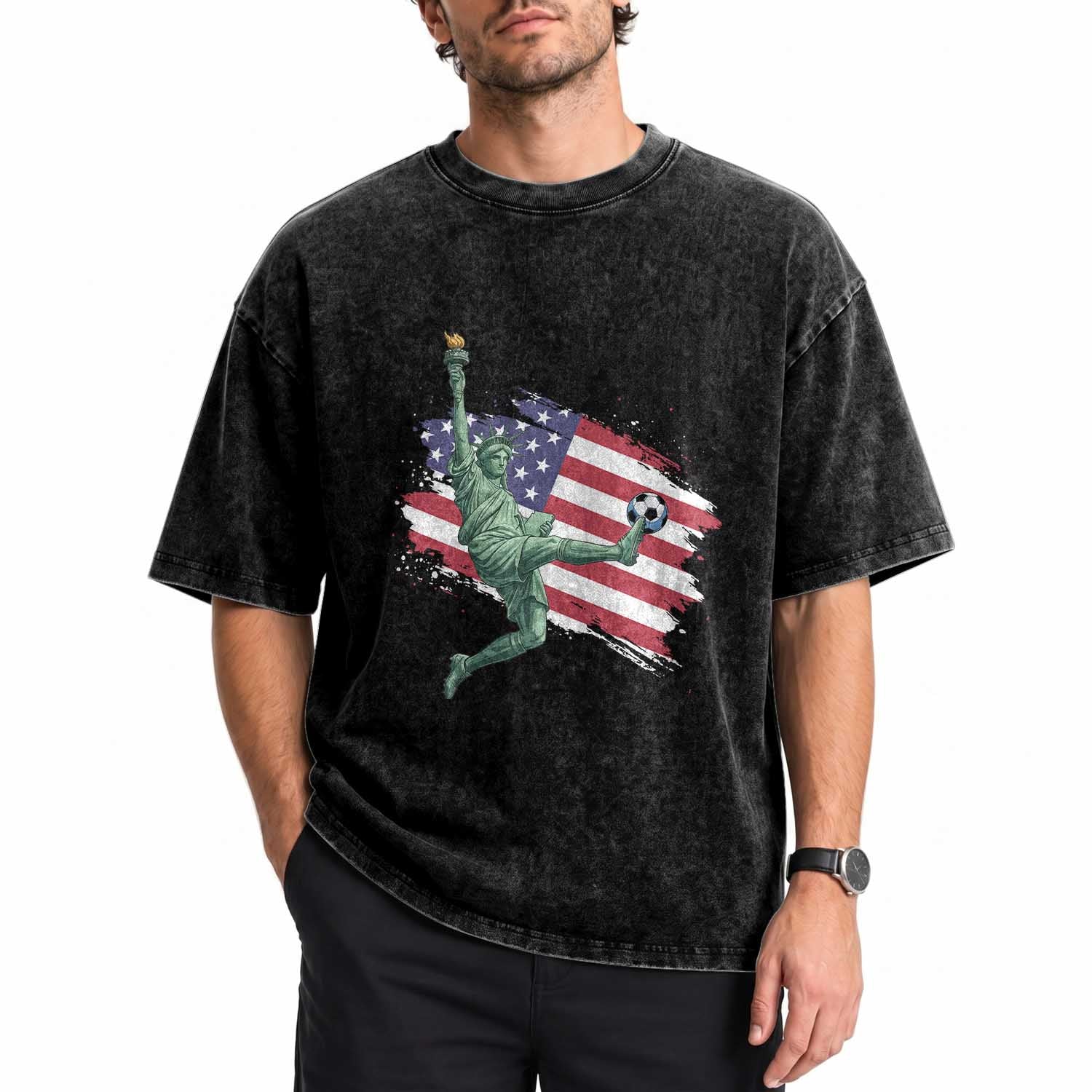 Funny Statue Of Liberty Playing Soccer Washed Cotton T-Shirt New Yorker Fan Gift