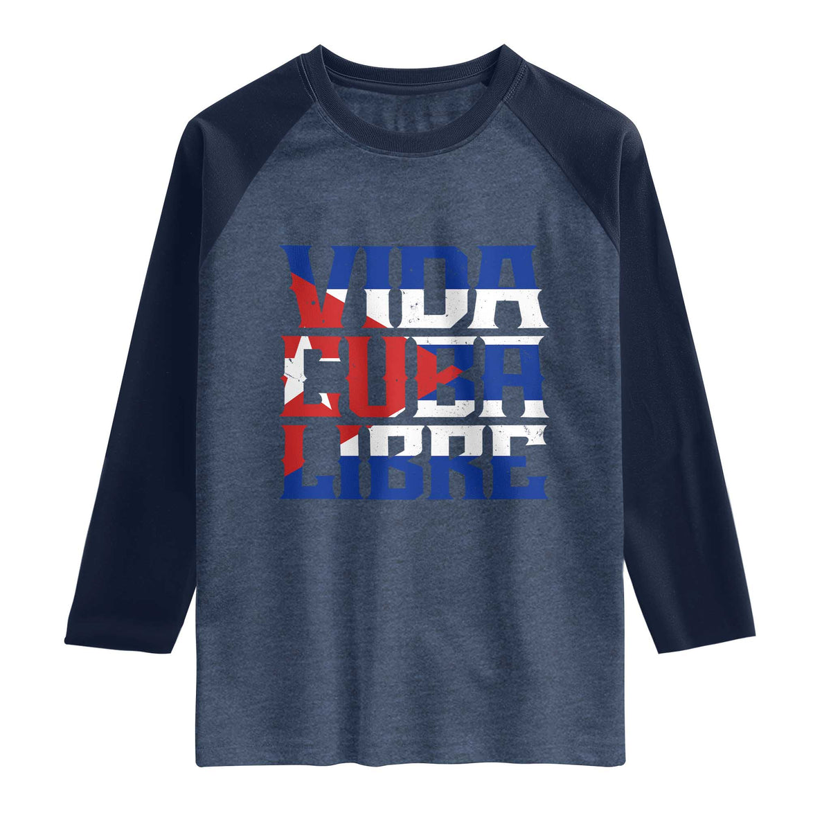 Viva Cuba Libre Raglan Shirt Cuban Freedom Supporter TS12 Heather Denim Navy Print Your Wear