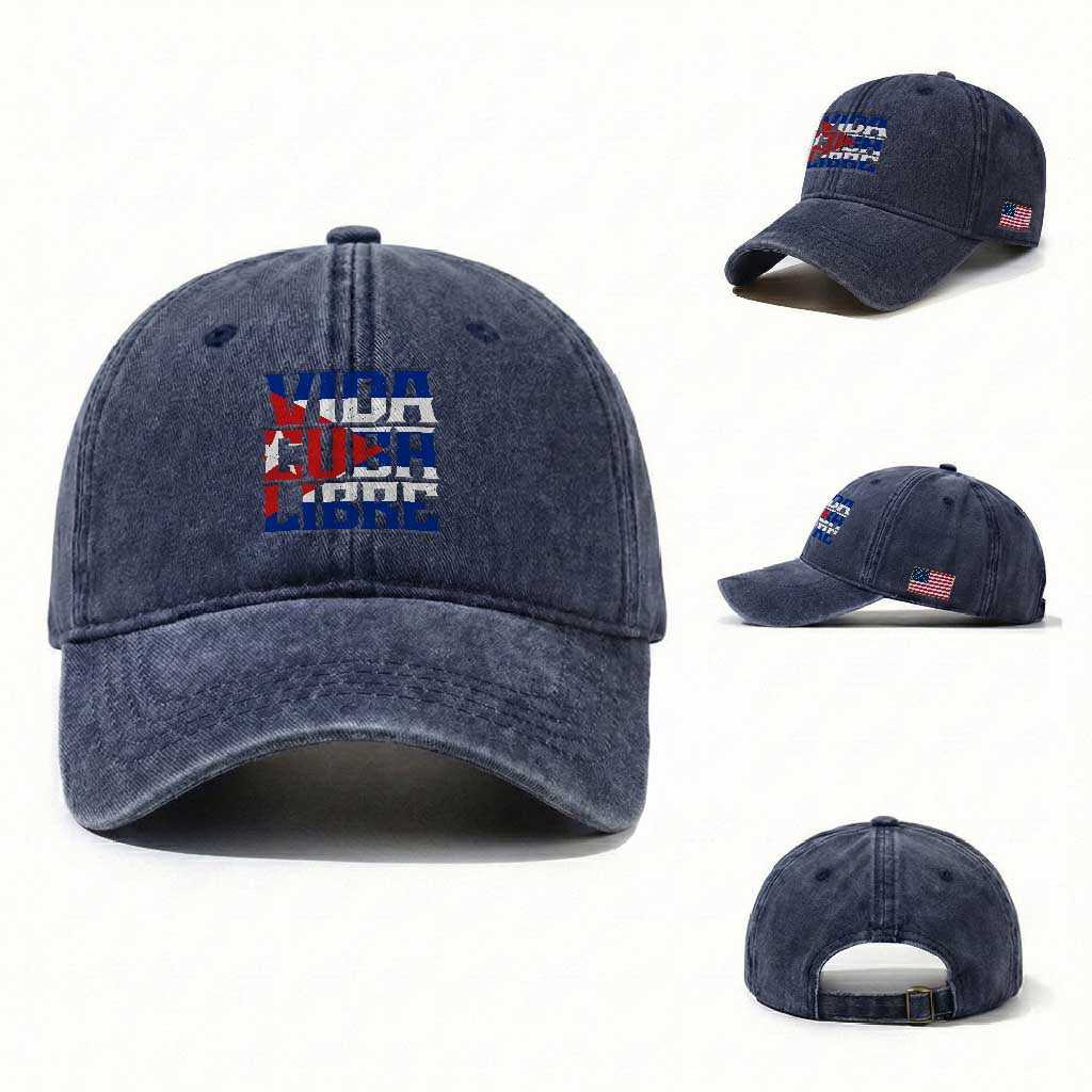 Viva Cuba Libre Washed Cotton Baseball Cap Cuban Freedom Supporter TS12 Washed Cap Universal Fit Navy Print Your Wear