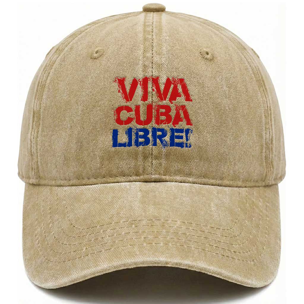 Viva Cuba Libre Washed Cotton Baseball Cap SOS Cuba Stand With Freedom Movement TS12 Washed Cap Universal Fit Khaki Print Your Wear