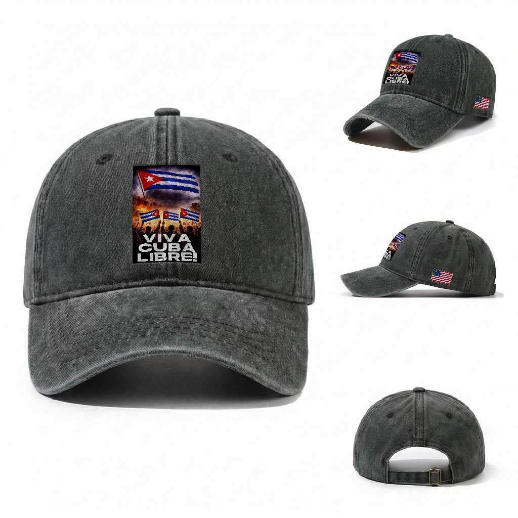 Viva Cuba Libre Washed Cotton Baseball Cap Cuban Freedom Protest TS12 Washed Cap Universal Fit Dark Green Print Your Wear
