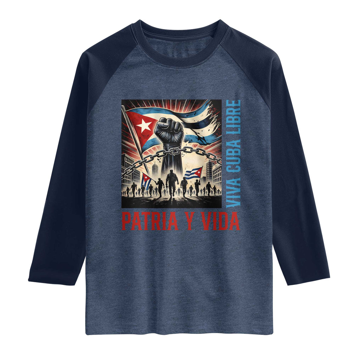Cuban American Pride Raglan Shirt Viva Cuba Libre Supporter TS12 Heather Denim Navy Print Your Wear