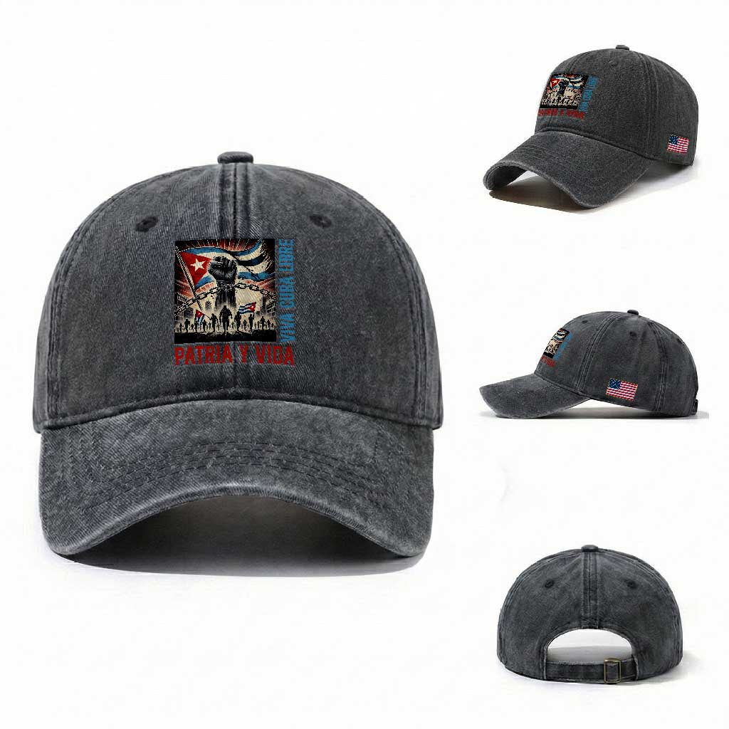 Cuban American Pride Washed Cotton Baseball Cap Viva Cuba Libre Supporter TS12 Washed Cap Universal Fit Dark Gray Print Your Wear