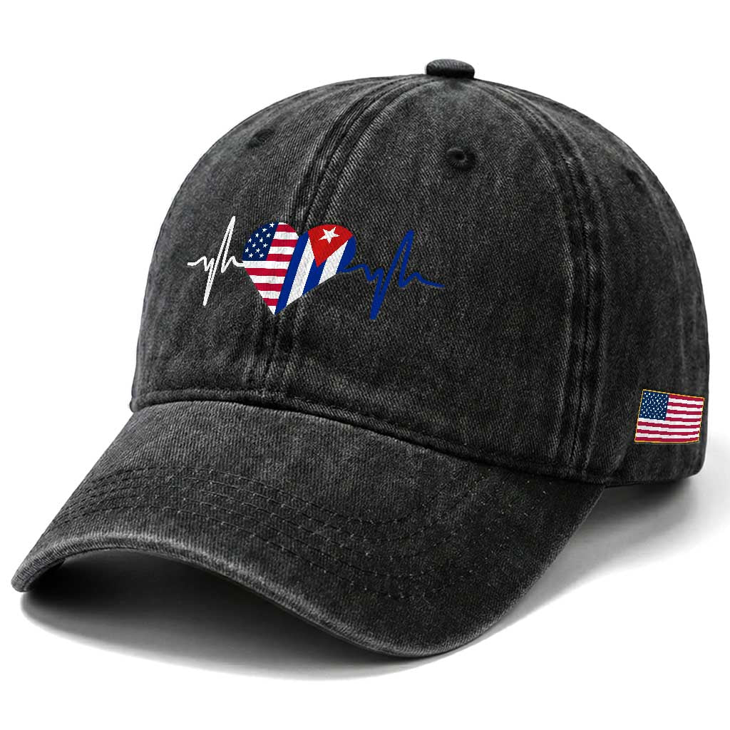 Heartbeat Cuba USA Washed Cotton Baseball Cap Cuban American Pride TS12 Print Your Wear