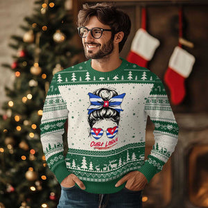 Cuba Libre Ugly Christmas Sweater Messy Bun Cuban Woman Sunglasses TS12 Beige Green Print Your Wear