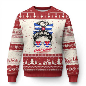 Cuba Libre Ugly Christmas Sweater Messy Bun Cuban Woman Sunglasses TS12 Beige Red Print Your Wear