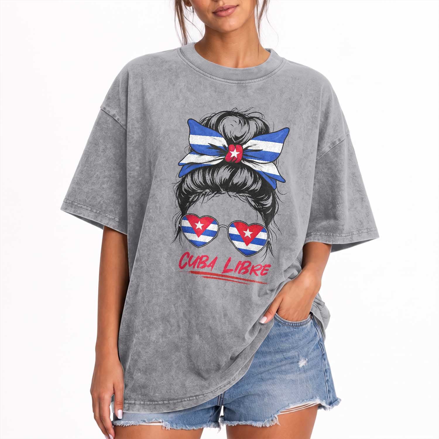 Cuba Libre Washed Cotton T-Shirt Messy Bun Cuban Woman Sunglasses
