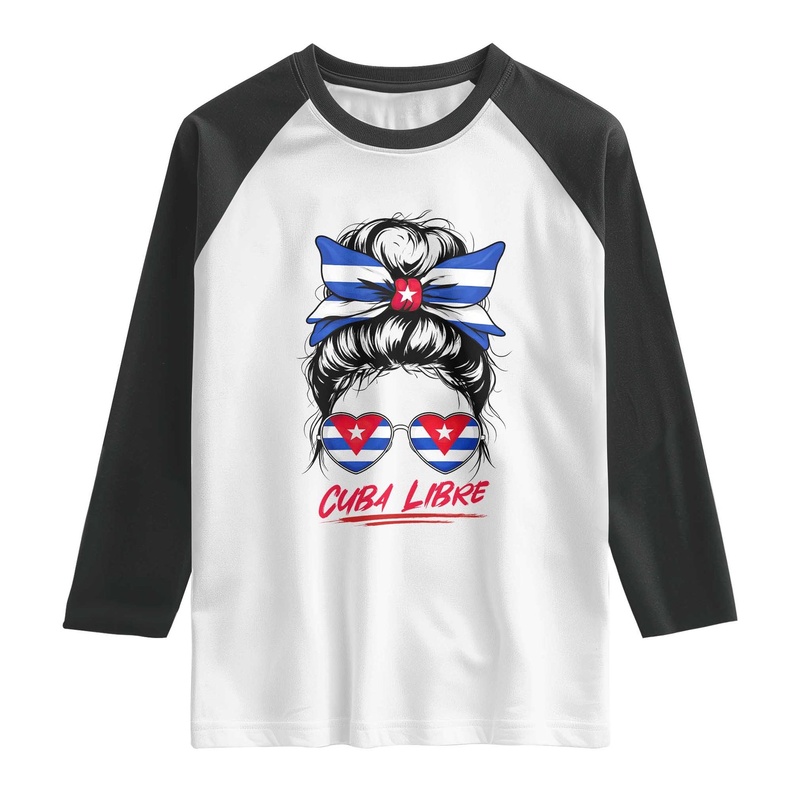 Cuba Libre Raglan Shirt Messy Bun Cuban Woman Sunglasses TS12 White Black Print Your Wear
