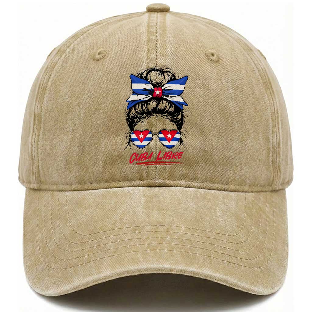 Cuba Libre Washed Cotton Baseball Cap Messy Bun Cuban Woman Sunglasses TS12 Washed Cap Universal Fit Khaki Print Your Wear