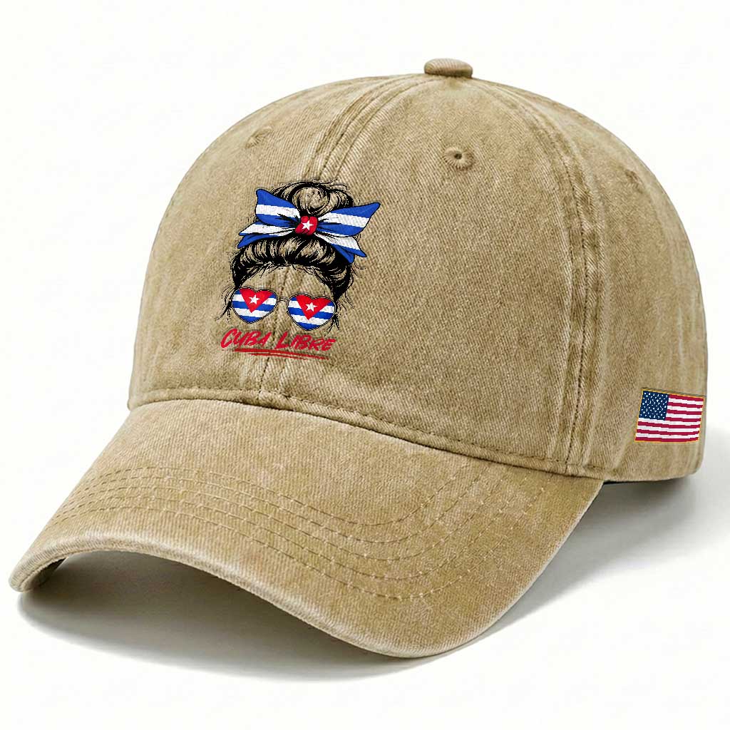Cuba Libre Washed Cotton Baseball Cap Messy Bun Cuban Woman Sunglasses TS12 Print Your Wear