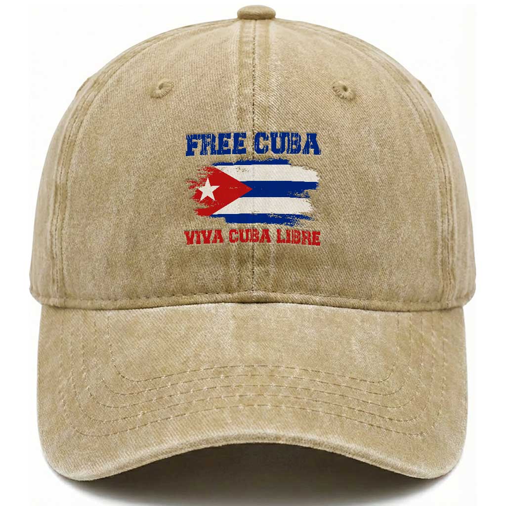 Cuban American Pride Washed Cotton Baseball Cap Freedom For Cuba TS12 Washed Cap Universal Fit Khaki Print Your Wear