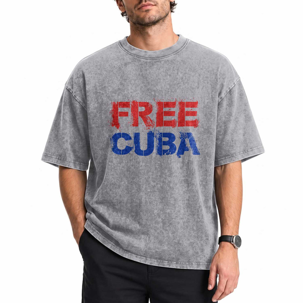 Free Cuba Washed Cotton T-Shirt Stand With Cuban People Gift