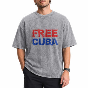 Free Cuba Washed Cotton T-Shirt Stand With Cuban People Gift