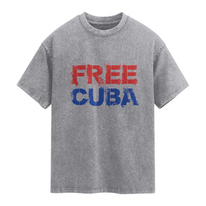 Free Cuba Washed Cotton T-Shirt Stand With Cuban People Gift