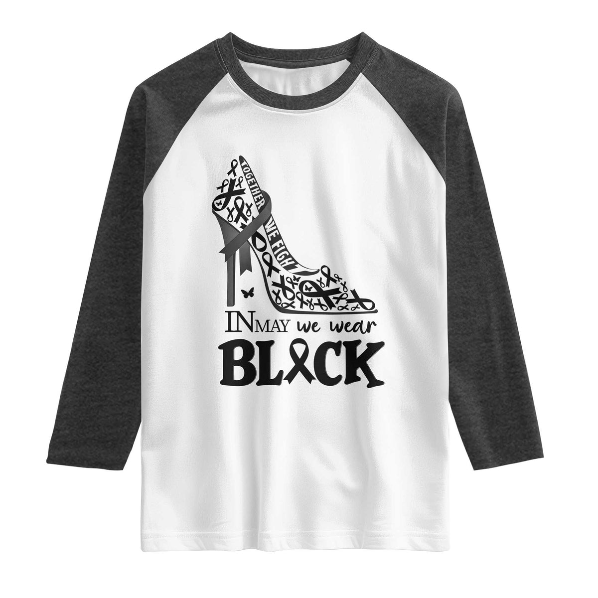 In May We Wear Black Raglan Shirt Skin Cancer Support Gift For Her TS12 White Heather Charcoal Print Your Wear