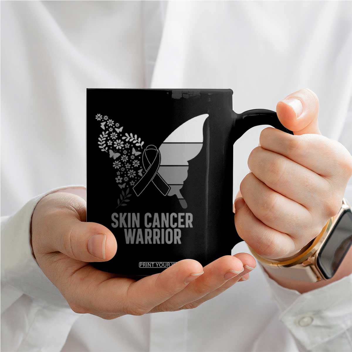Floral Butterfly Melanoma Awarenes Coffee Mug Black Ribbon Warrior Support Gift TS12 Print Your Wear