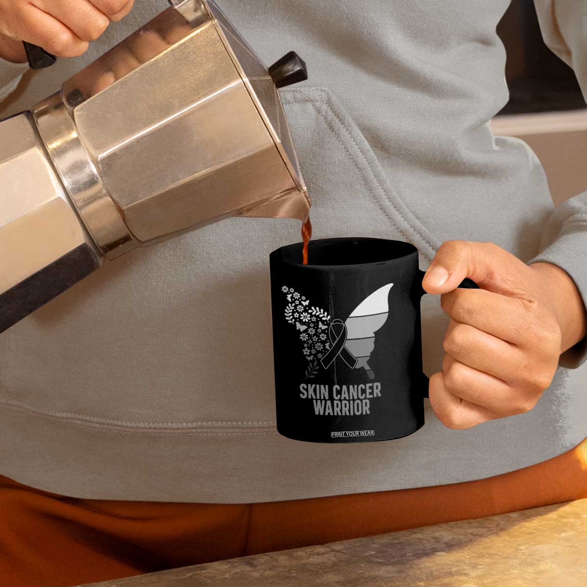 Floral Butterfly Melanoma Awarenes Coffee Mug Black Ribbon Warrior Support Gift TS12 Print Your Wear