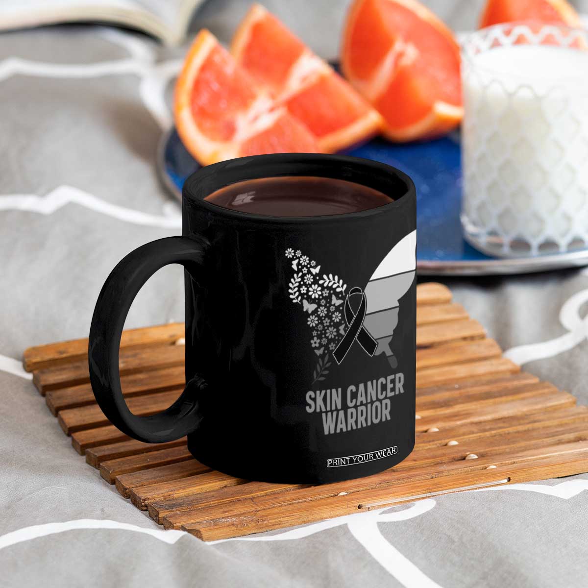 Floral Butterfly Melanoma Awarenes Coffee Mug Black Ribbon Warrior Support Gift TS12 Print Your Wear